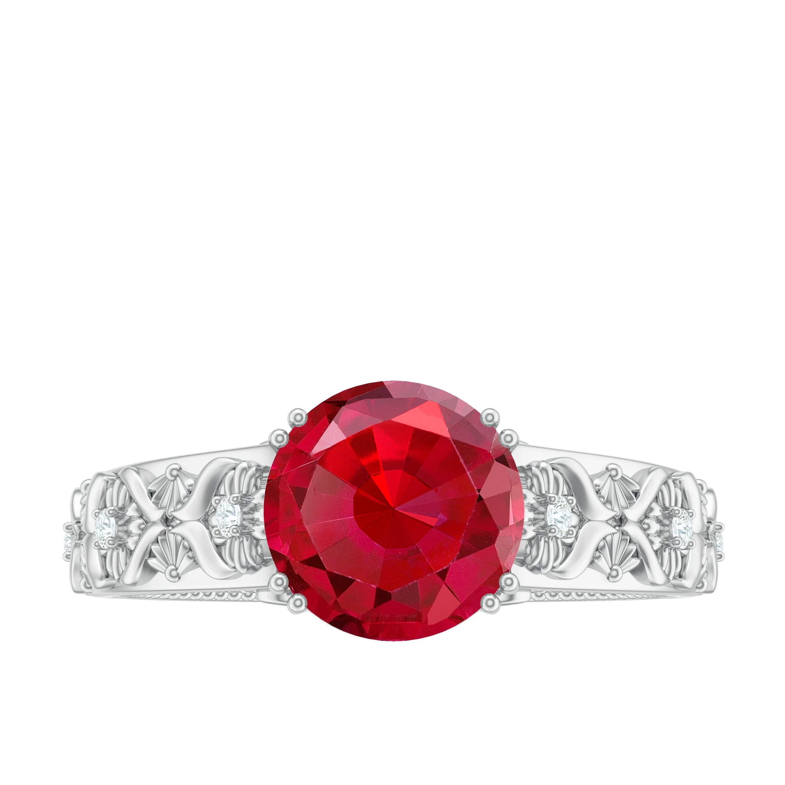 Solitaire Created Ruby Gold Flower Engagement Ring with Moissanite