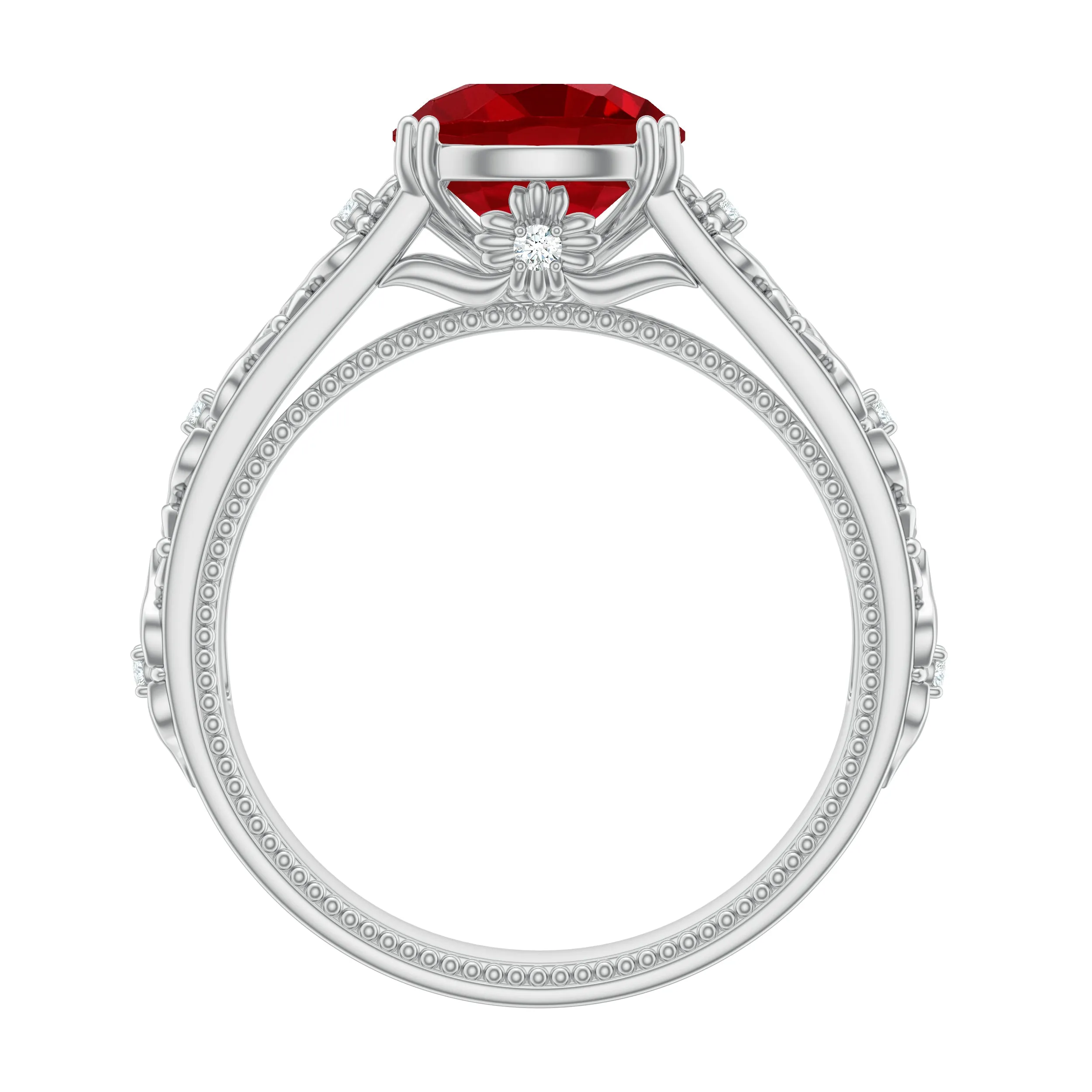 Solitaire Created Ruby Gold Flower Engagement Ring with Moissanite