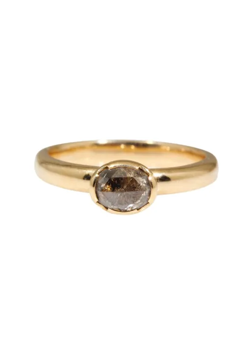 Solitaire Ring with Salt and Pepper Oval Rosecut Diamond 14k Yellow Gold