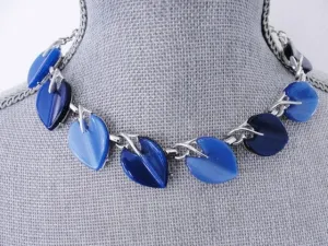 STUNNING 1950s Signed Designer CORO Heart Shape Blue Moon Glow and Silver Tone Metal Necklace Wear or Collect,Collectible Vintage Jewelry