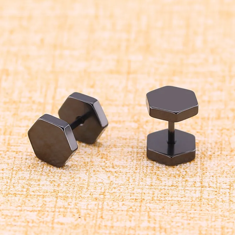 Titanium Steel Geometric Hexagonal Stud Earrings Male Polygonal Earrings