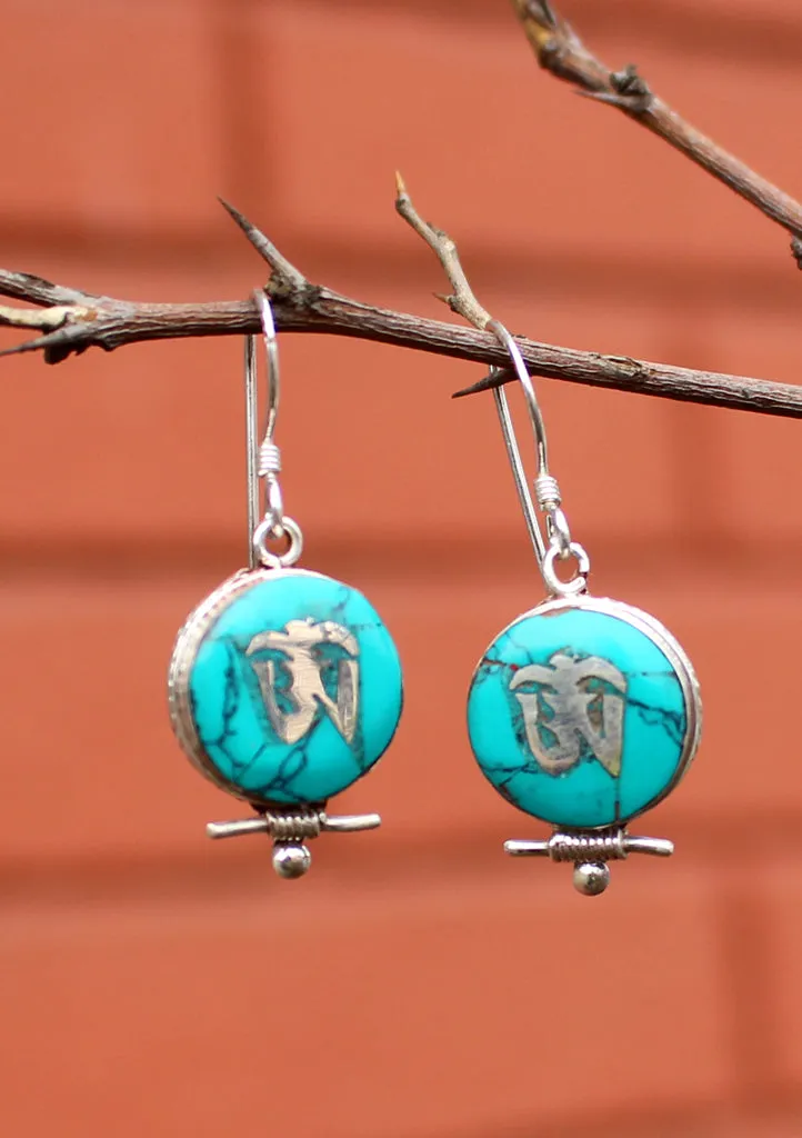 Turquoise Inlaid Tibetan Om Sterling Silver Earrings