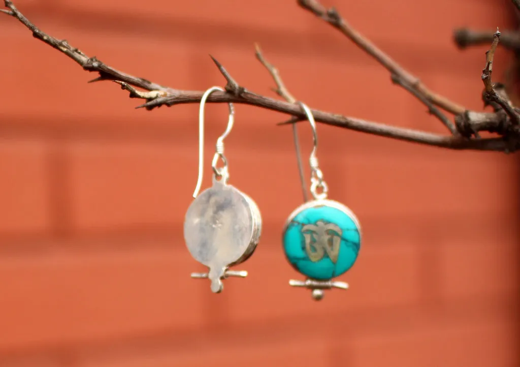 Turquoise Inlaid Tibetan Om Sterling Silver Earrings