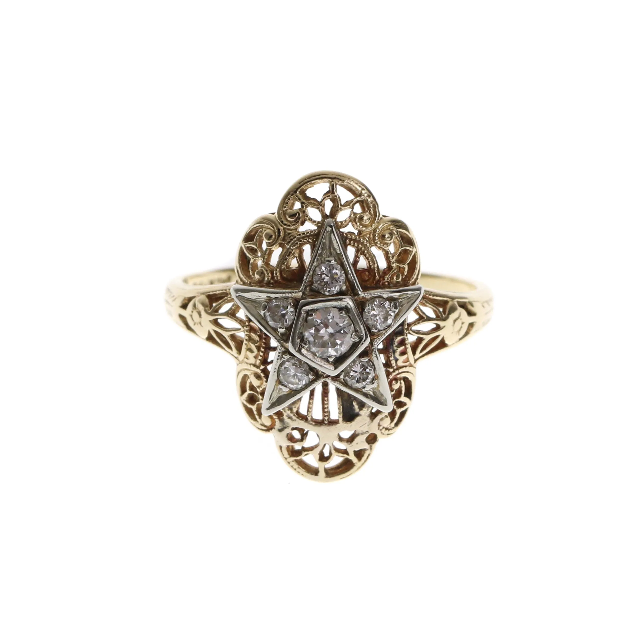 V I N T A G E // star light star bright / 14k art deco filigree / yellow gold with a white gold star and six diamonds / size 7