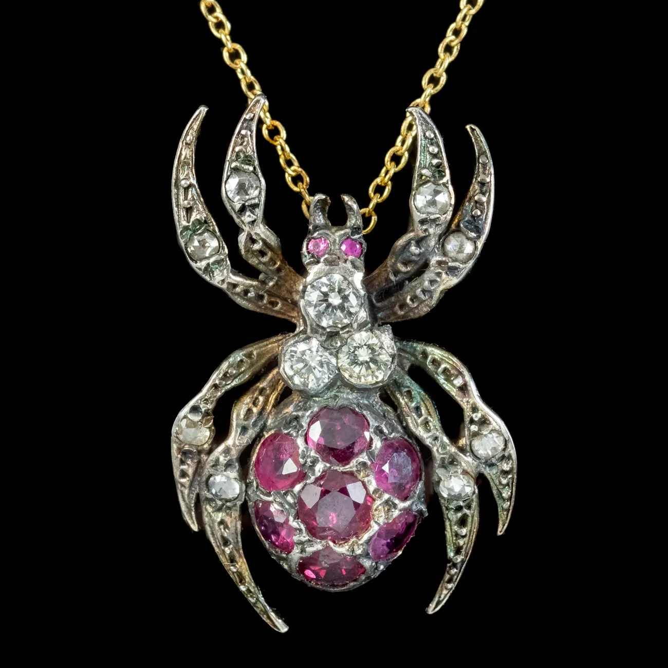 Victorian Style Ruby Diamond Spider Pendant Necklace Silver 18ct Gold