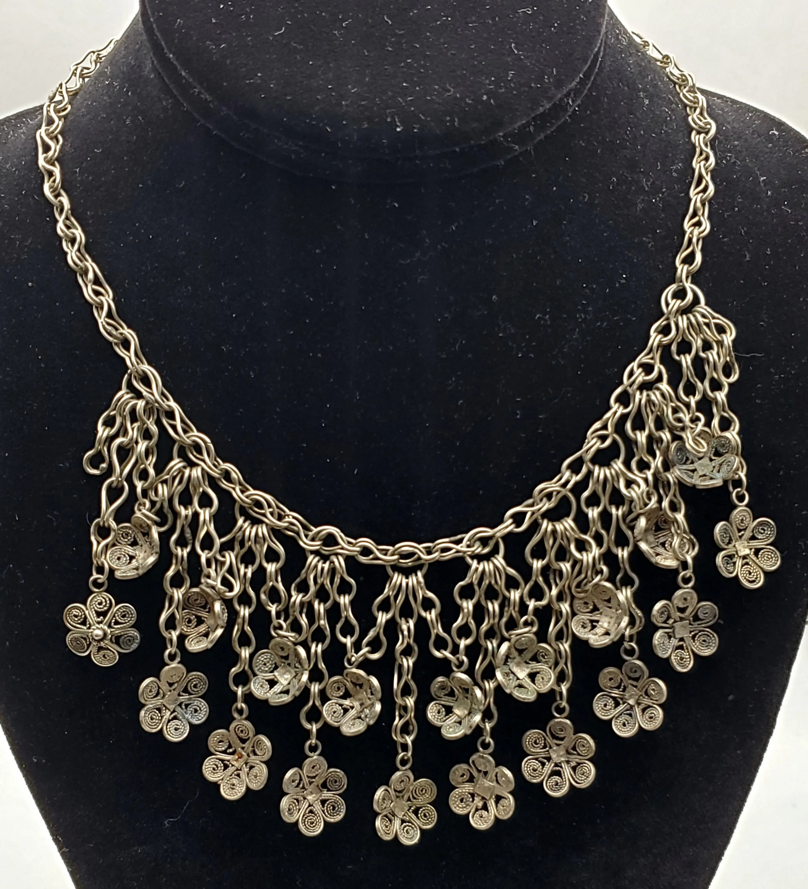 Vintage Handmade Filigree Flower Dangles Necklace - 17.5"