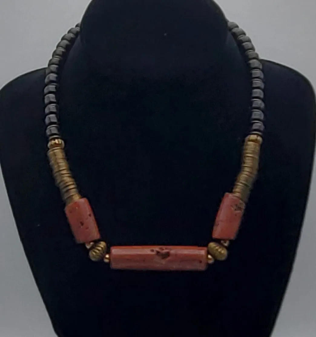 Vintage Handmade Red Jasper, Brass and Glass Necklace - 18.5"