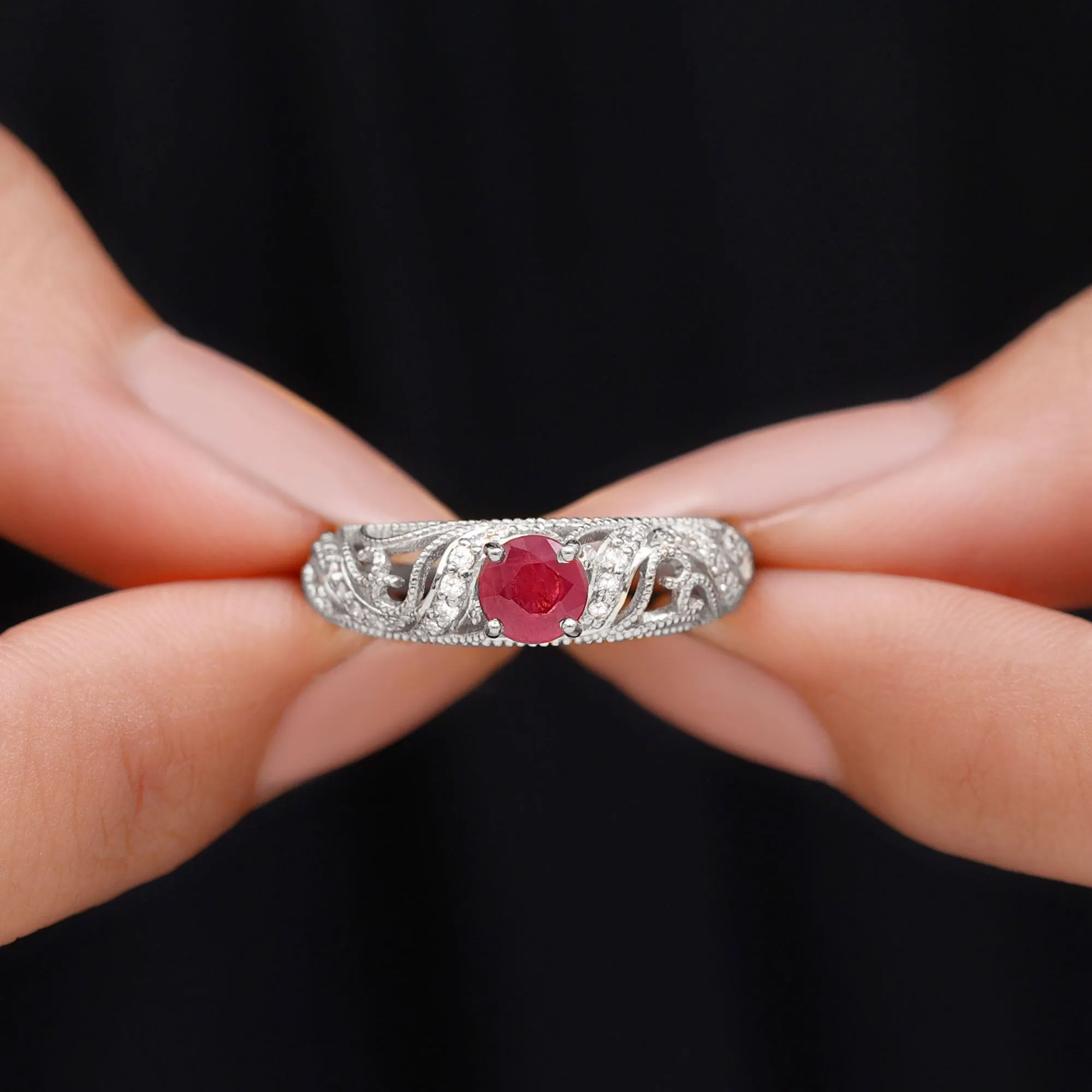 Vintage Inspired Real Ruby and Diamond Engagement Ring