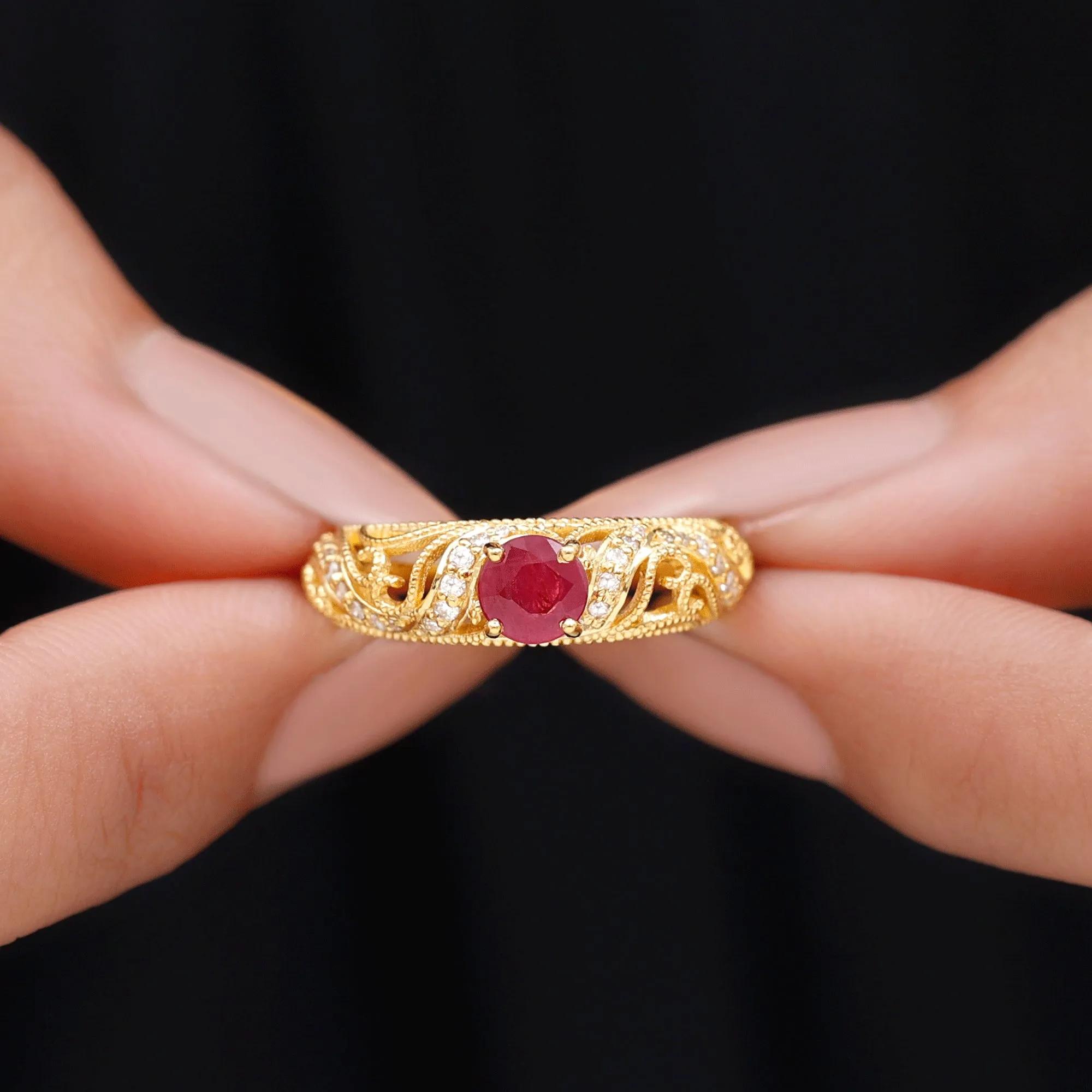 Vintage Inspired Real Ruby and Diamond Engagement Ring