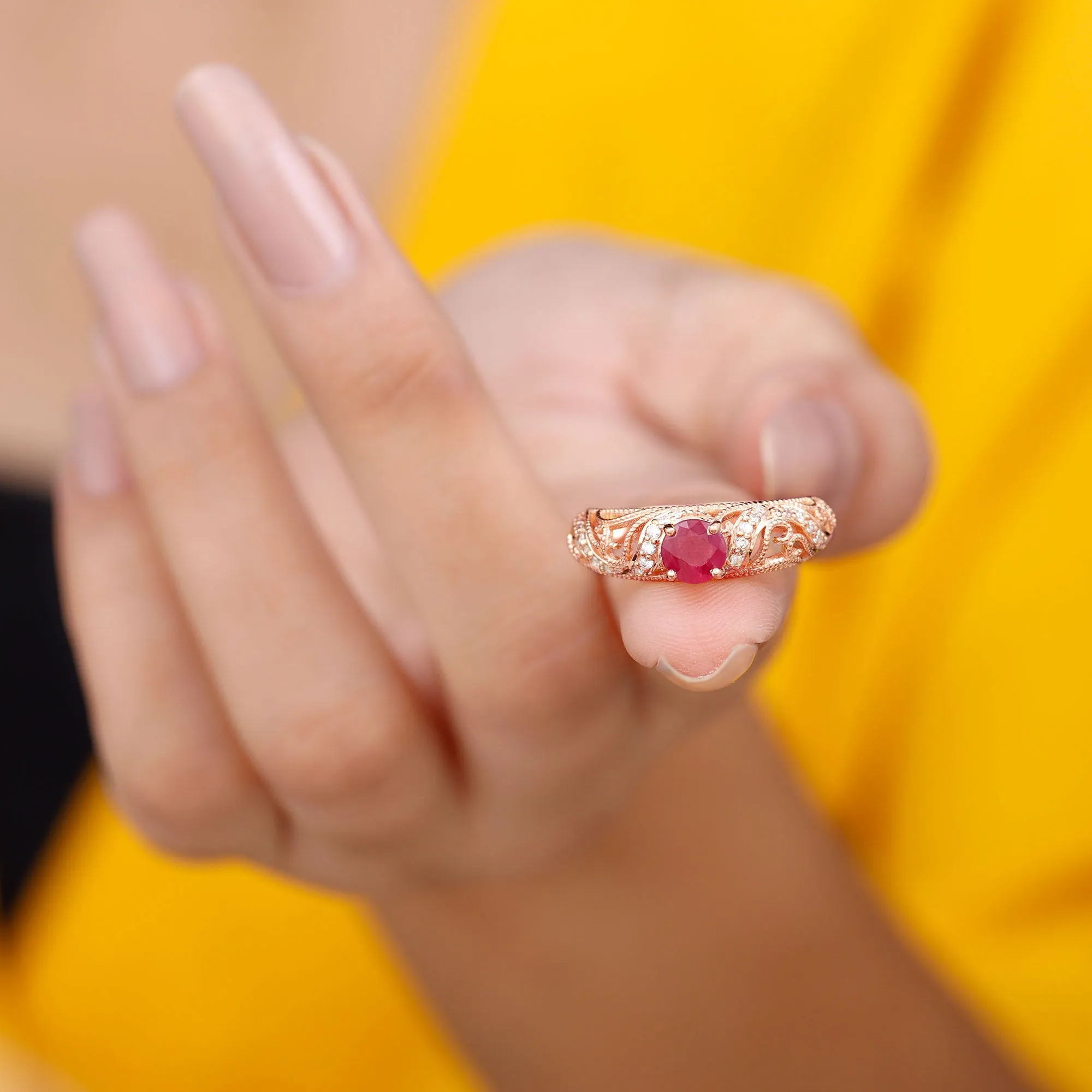 Vintage Inspired Real Ruby and Diamond Engagement Ring