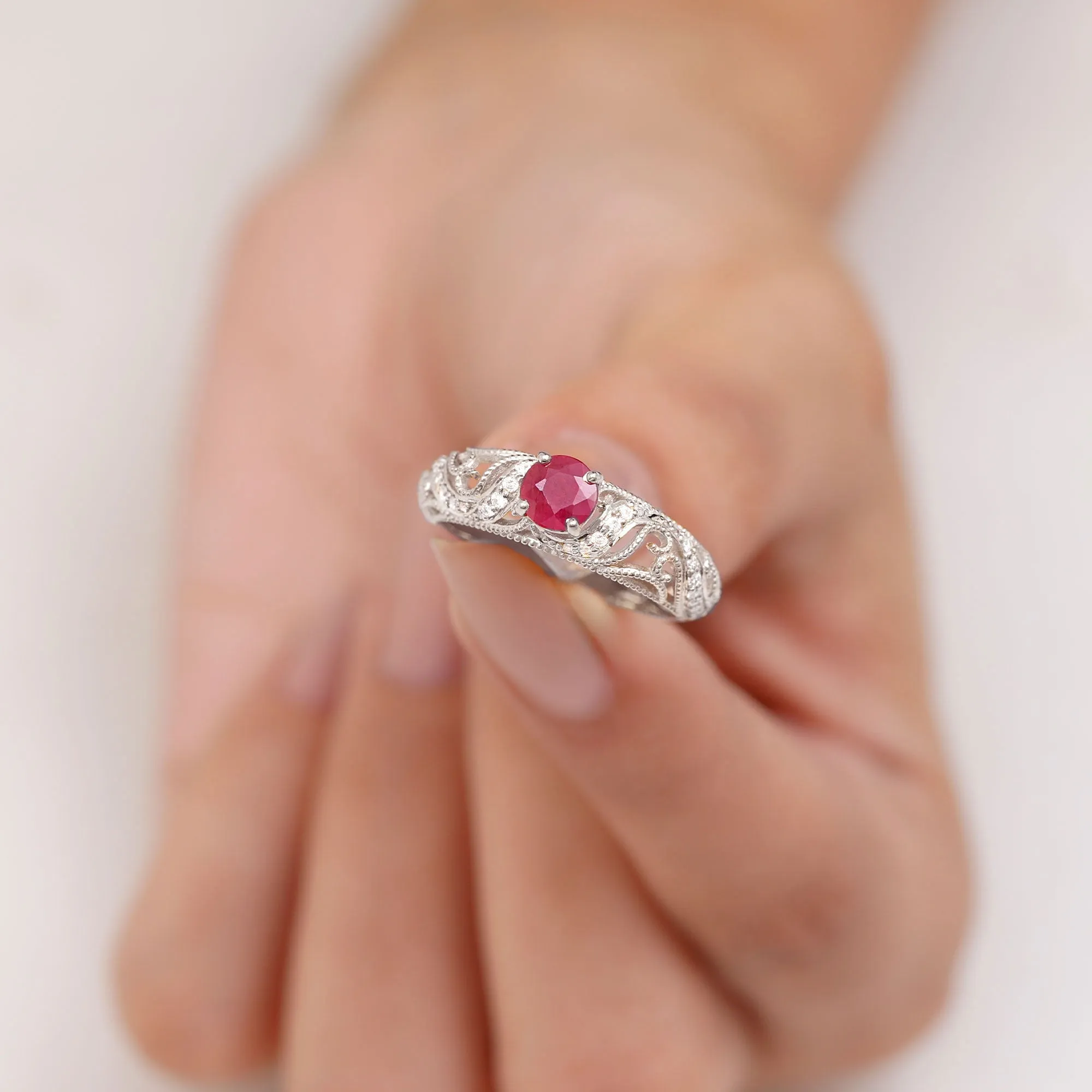 Vintage Inspired Real Ruby and Diamond Engagement Ring