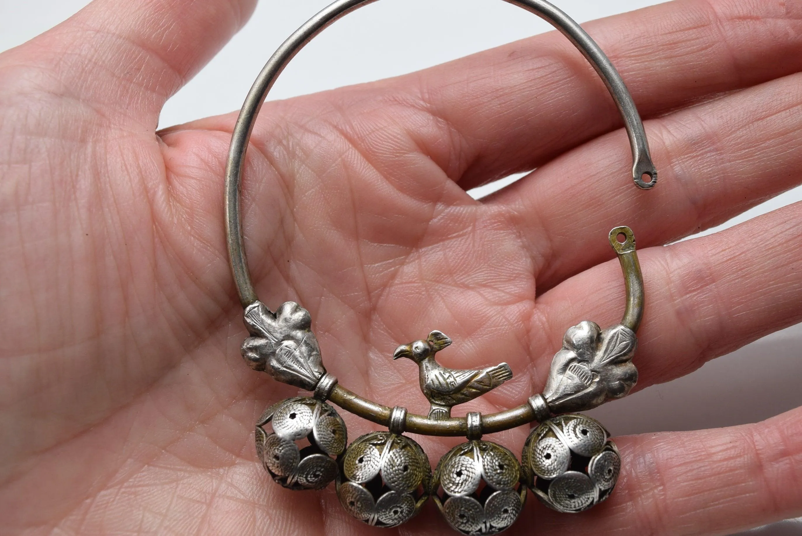 Vintage Silver Kurdish Hoop Earrings With Bird