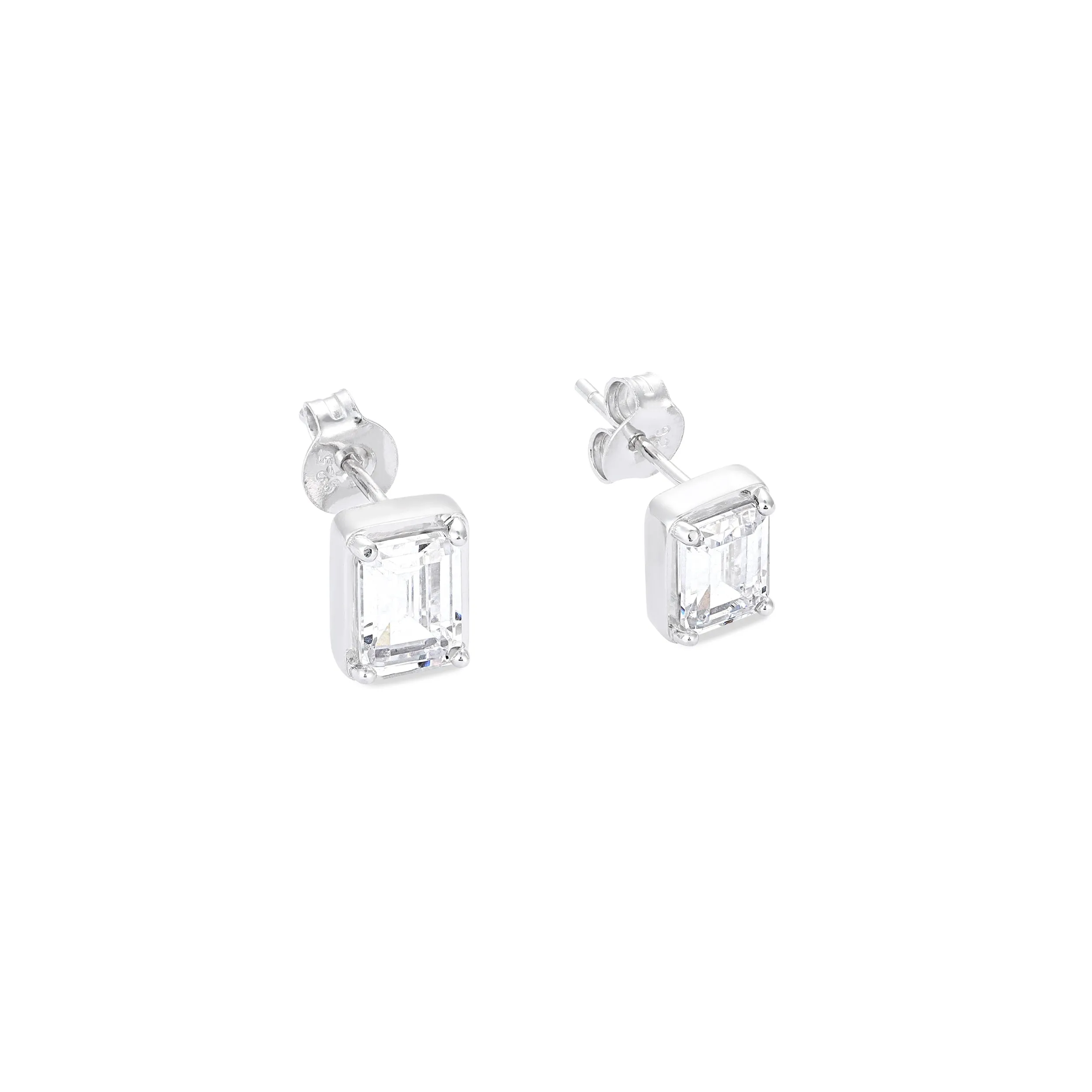 White Emerald Cut Stud - Silver