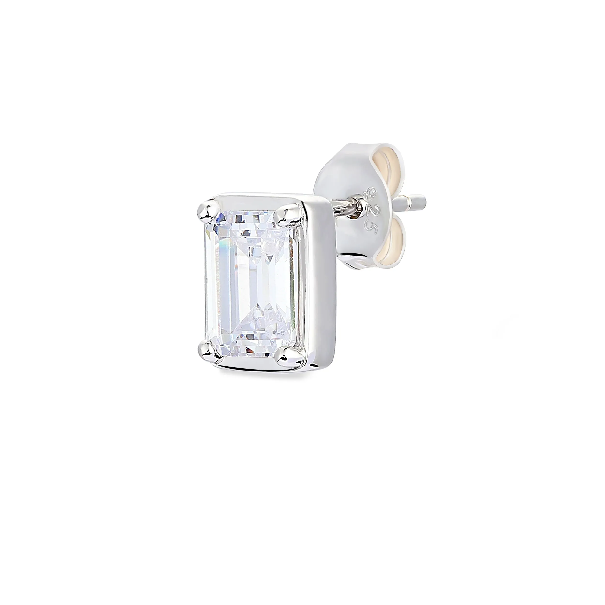 White Emerald Cut Stud - Silver