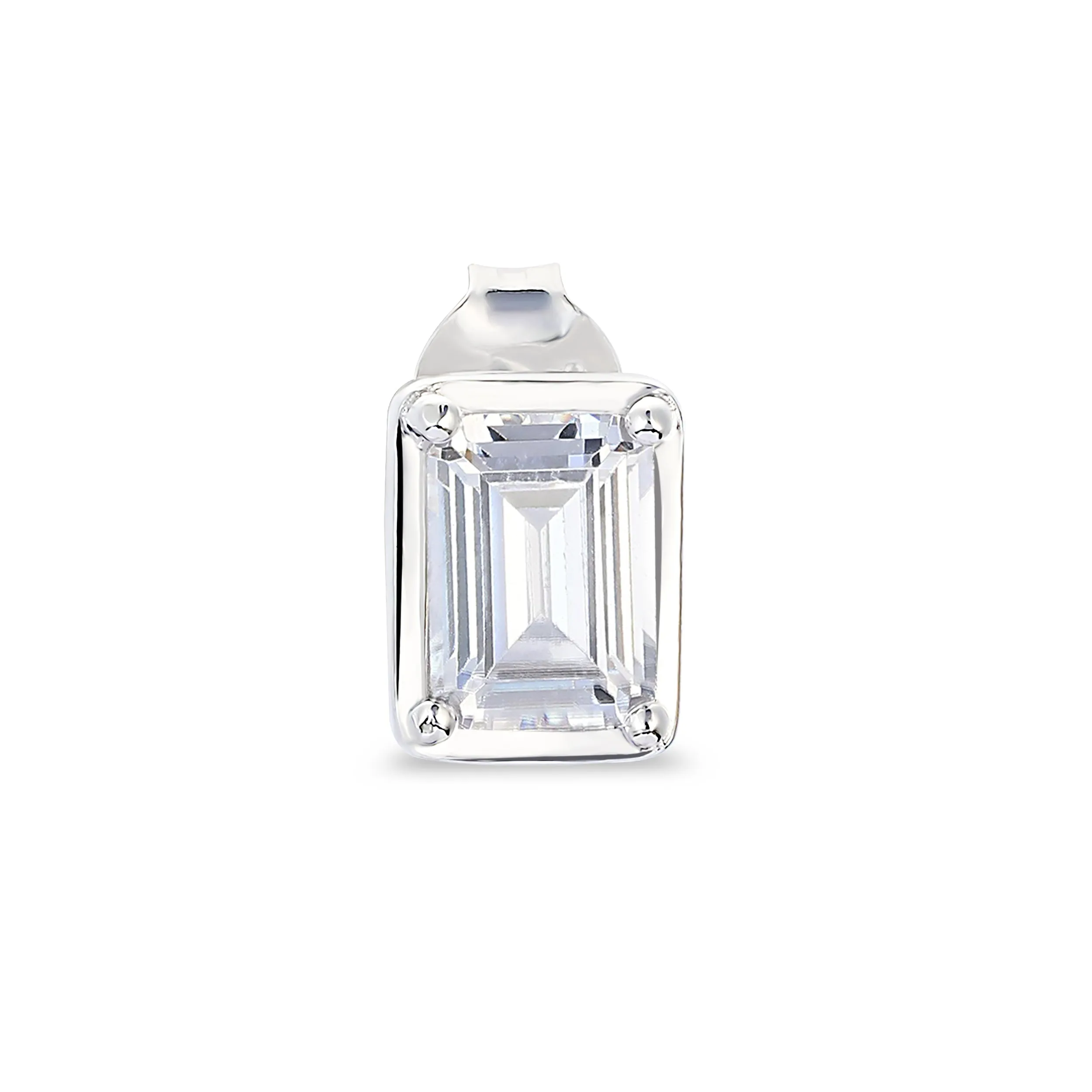 White Emerald Cut Stud - Silver