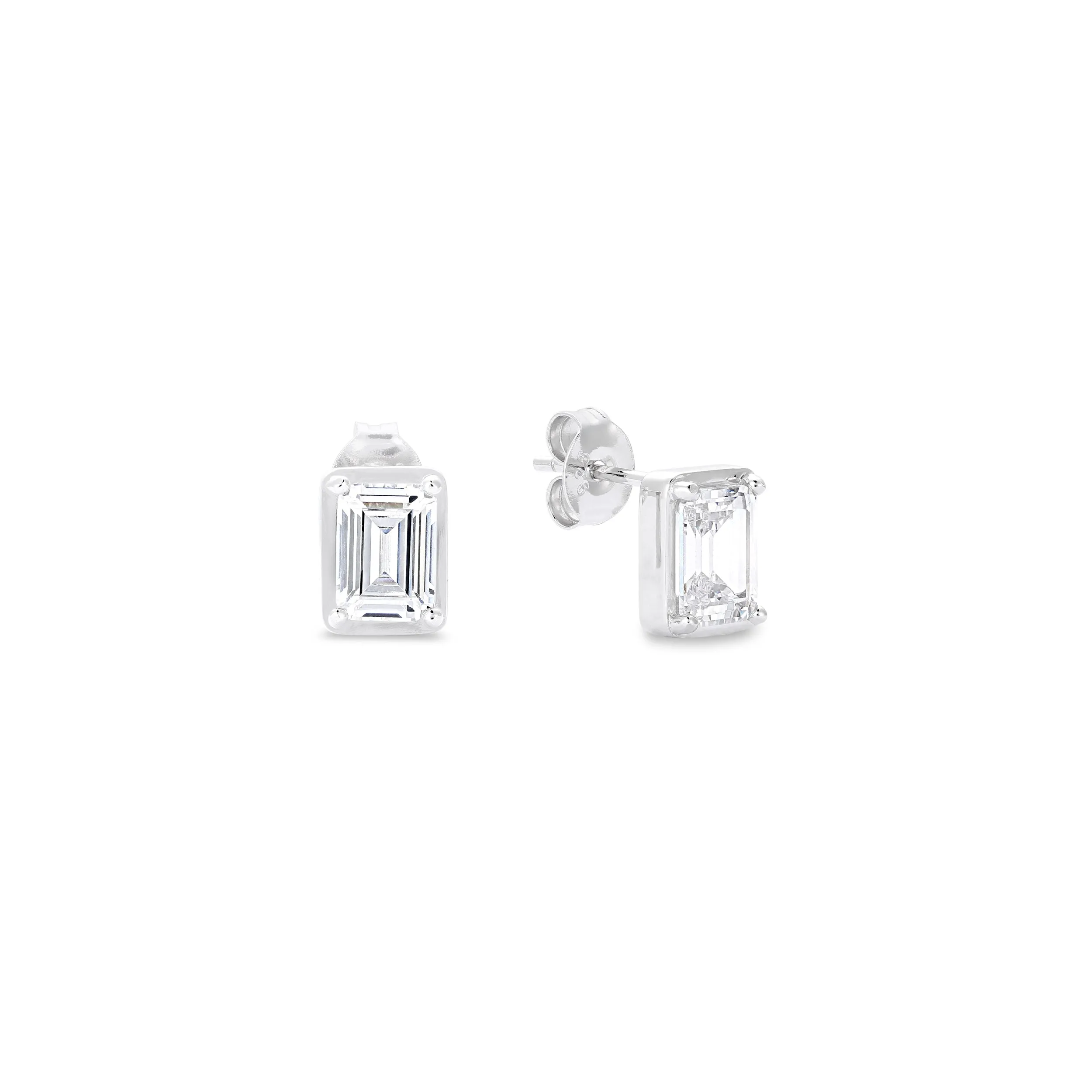 White Emerald Cut Stud - Silver